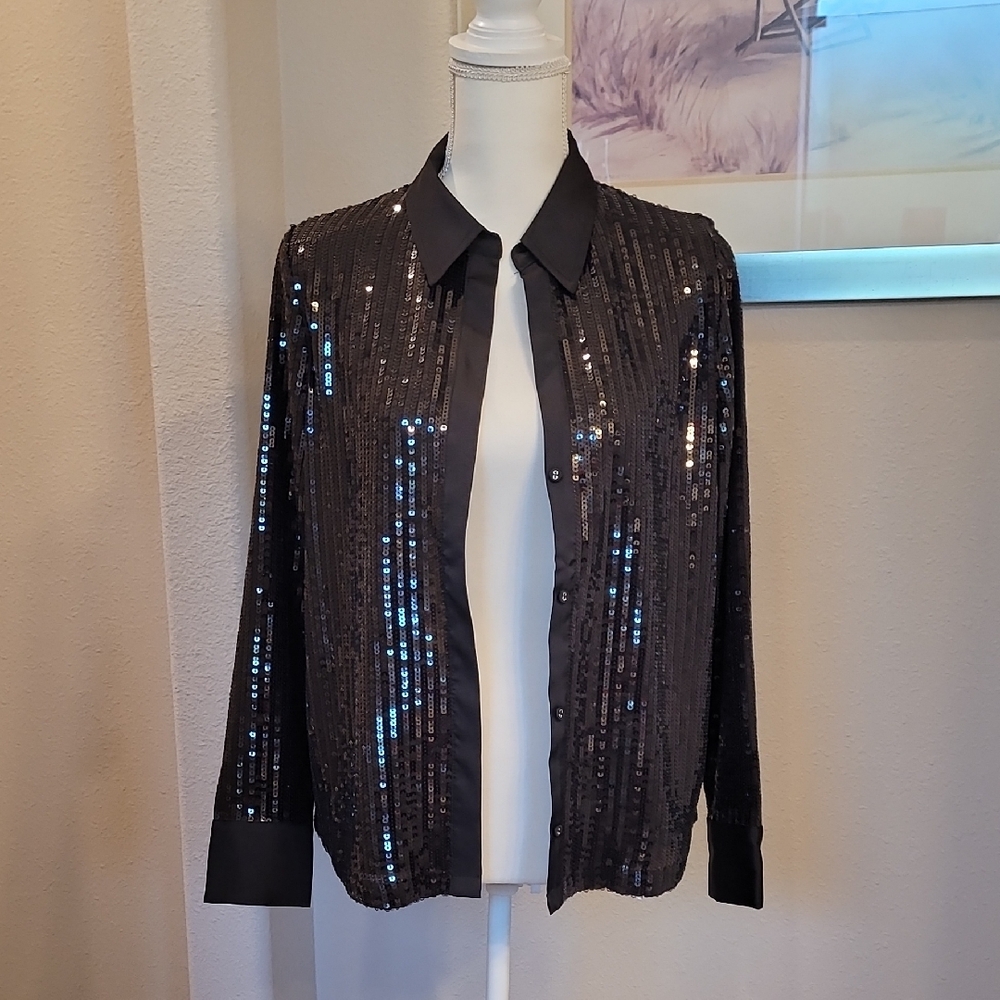 White House Black Market Shimmering Black Button Down Shirt